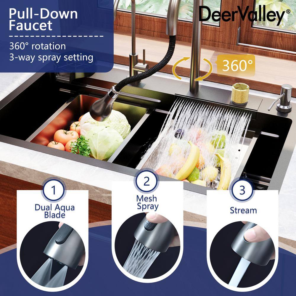 30" Black Stainless Steel Drop-In Single Bowl Kitchen Sink Workstation