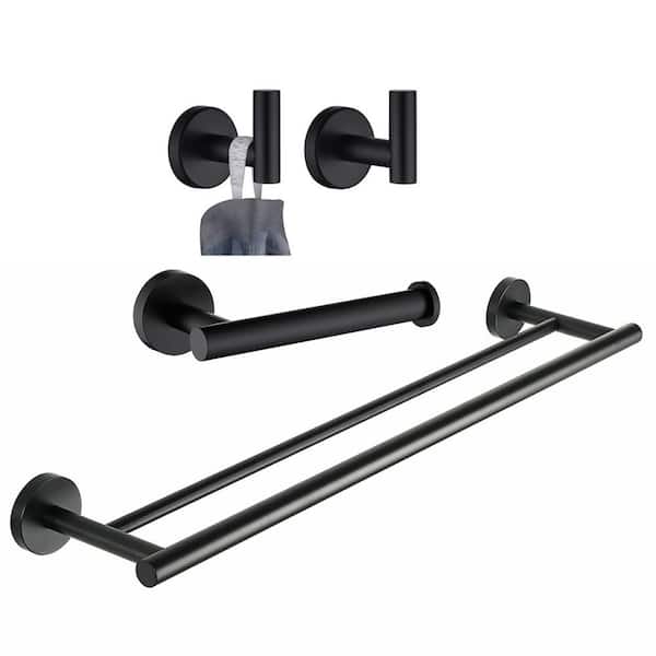 ATKING Wall Mounted 4 -Piece Bath Hardware Set with Double Towel Bar Toilet Paper Holder Towel Hooks in Matte Black