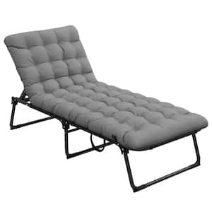 Tri-Fold Metal Outdoor Chaise Lounge with 4-Position Backrest, Magazine Pocket, Removable Head Pillow in Gray Cushions