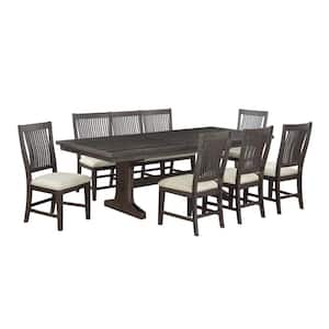 Brenda 7pc Dining Set Rustic Brown/Beige Linen Fabric with Bench.