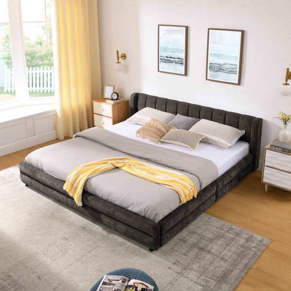 Gale Blue+Green Wood Frame King Size Platform Bed with Chenille Fabric Upholstered Headboard, Drawers