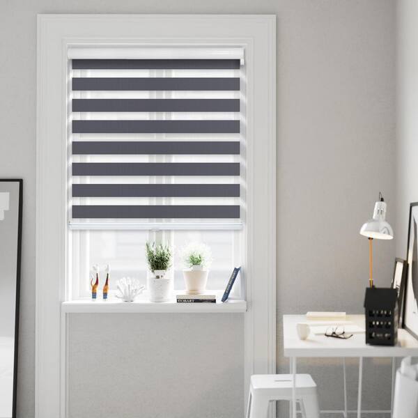 Chicology Cut-to-Size Onyx Cordless Light Filtering Dual Layer Privacy Polyester Zebra Roller Shade 26.75 in. W x 72 in. L