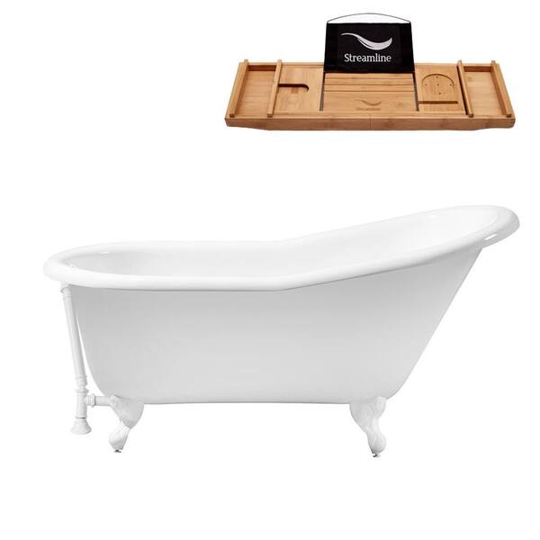 Streamline 60 in. Cast Iron Clawfoot Non-Whirlpool Bathtub in Glossy White with Glossy White Drain and Glossy White Clawfeet