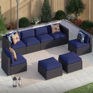 8-Piece Rattan Patio Conversation Set with Blue Cushions