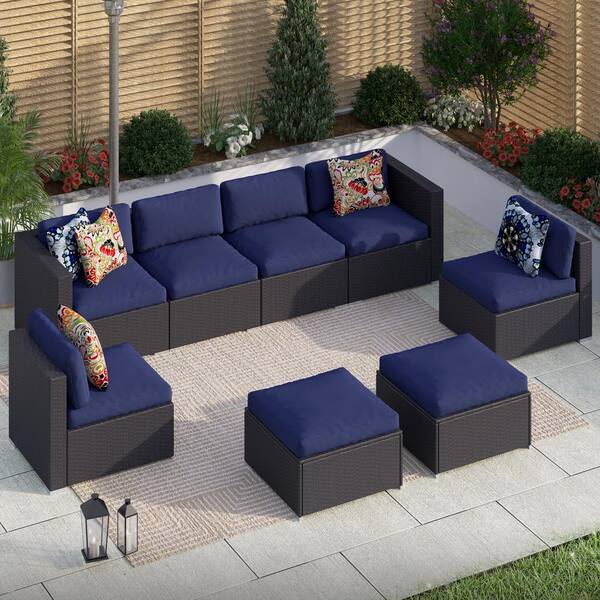 PHI VILLA Dark Brown Rattan Wicker 8 Seat 8-Piece Steel Outdoor Patio Conversation Set with Blue Cushions and Ottomans