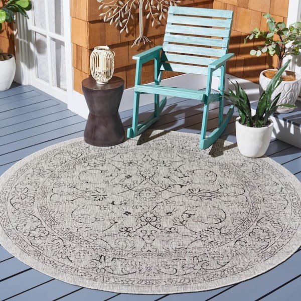 Courtyard Gray/Black 7 ft. x 7 ft. Border Floral Scroll Indoor/Outdoor Round Area Rug