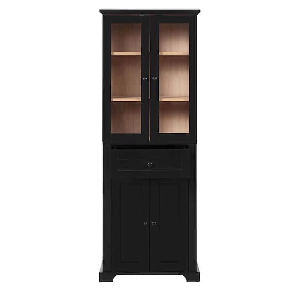 67.2 in. Modern Bathroom Linen Tower: Tempered Glass Doors, Adjustable Shelves in Black