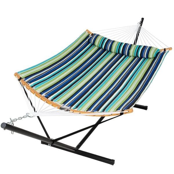 Atesun 12.3 ft. Free Standing, 450 lbs. Capacity, Heavy-Duty 2-Person Hammock with Stand and Detachable Pillow in Green Stripes
