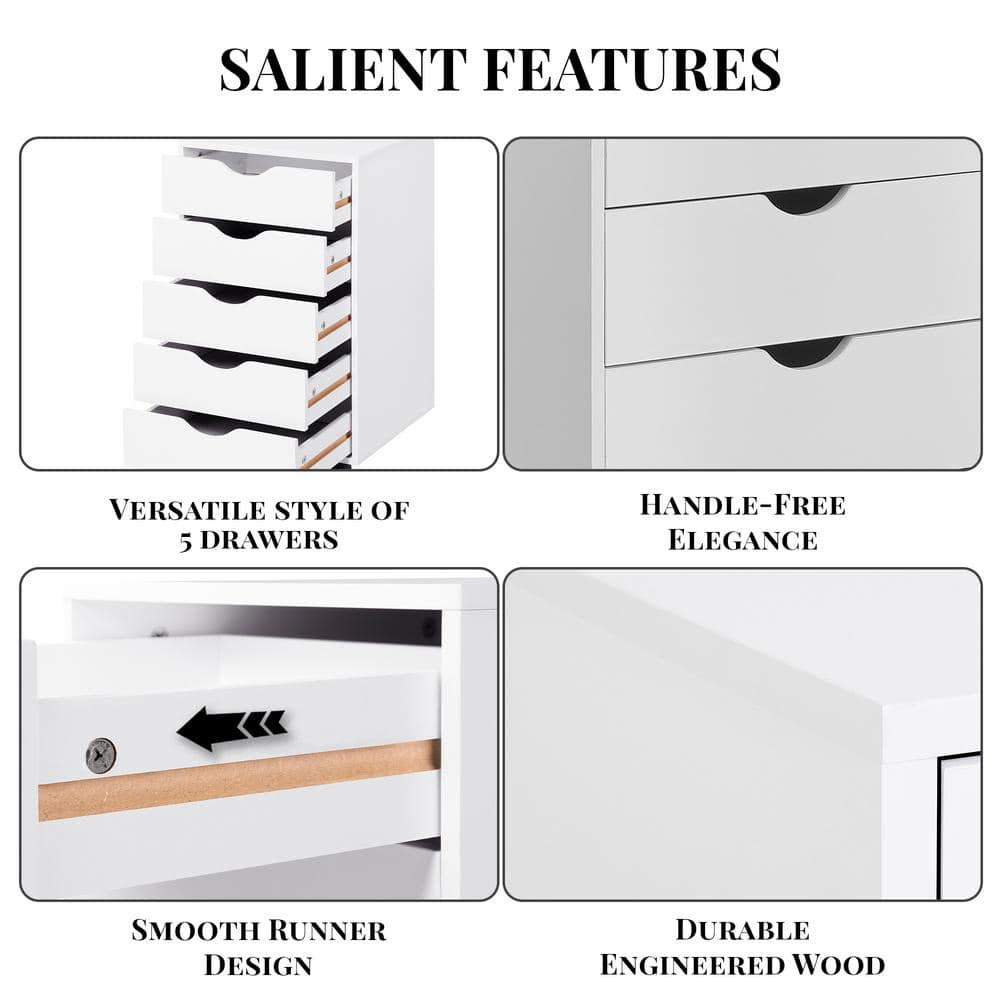 White Mobile 5-Drawer Wooden Office File Cabinet