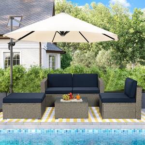 5-Piece Gray Wicker Patio Conversation Set with Navy Cushions