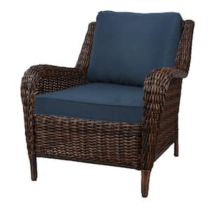 Cambridge Brown Wicker Outdoor Patio Lounge Chair with CushionGuard Midnight Navy Blue Cushions