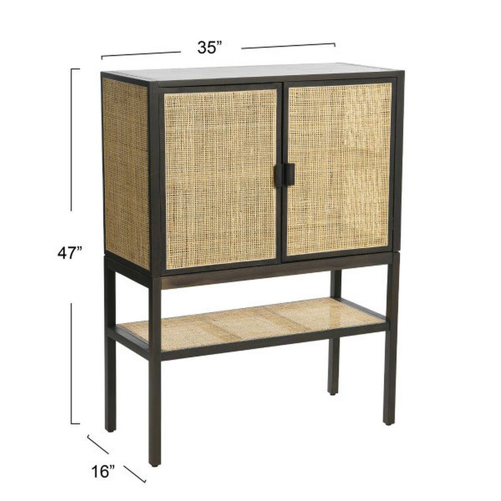 Gray Pine Wood Cabinet with Natural Rattan Details