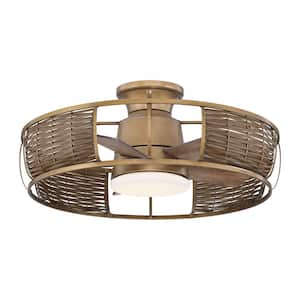 26.7 in. Flush Mount Indoor Natural Brass Low Profile Caged Ceiling Fan with Soft White Integrated LED and Remote