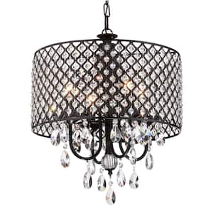 Marya 4-Light Modern Antique Black Round Chandelier with Beaded Drum Shade /Hanging Clear Glass Crystals
