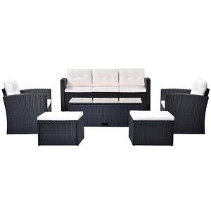 Black 6-Piece Wicker Metal Outdoor Sectional Set with Beige Cushions