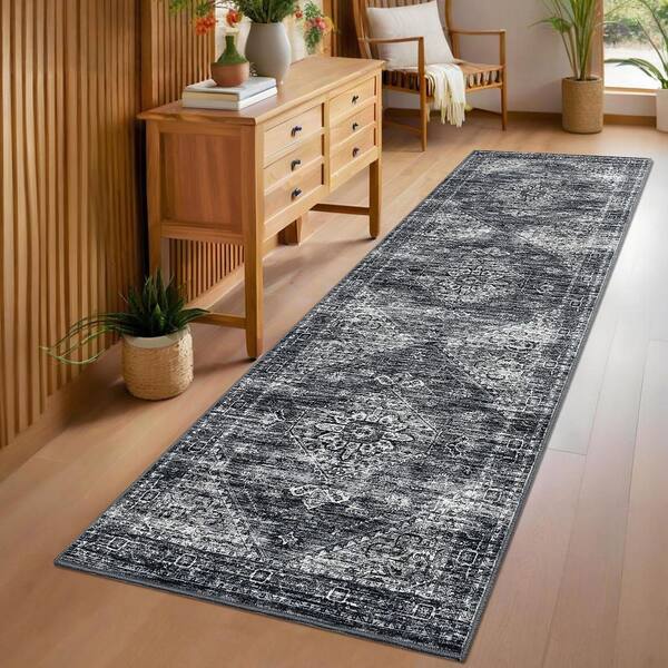 Vintage Printed Rug Distressed Floral Carpet Soft Non-slip Thin Carpet for Living Room Farmhouse Dark Gray，2X6ft