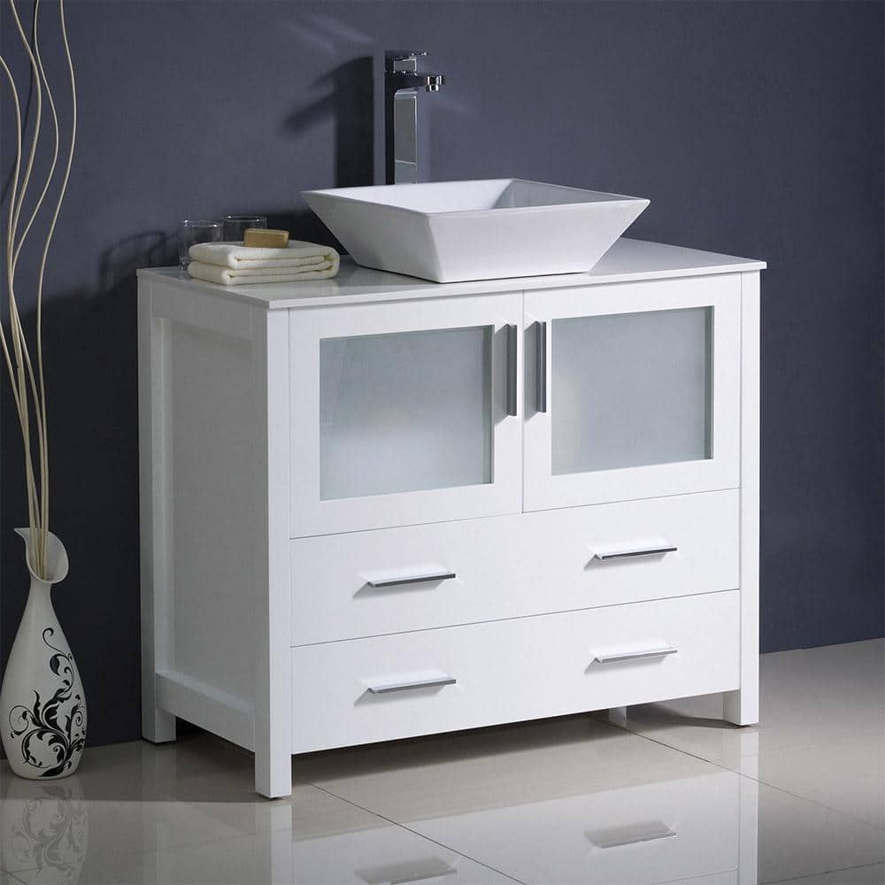 White Ceramic Top Freestanding Modern Bathroom Vanity with Vessel Sink