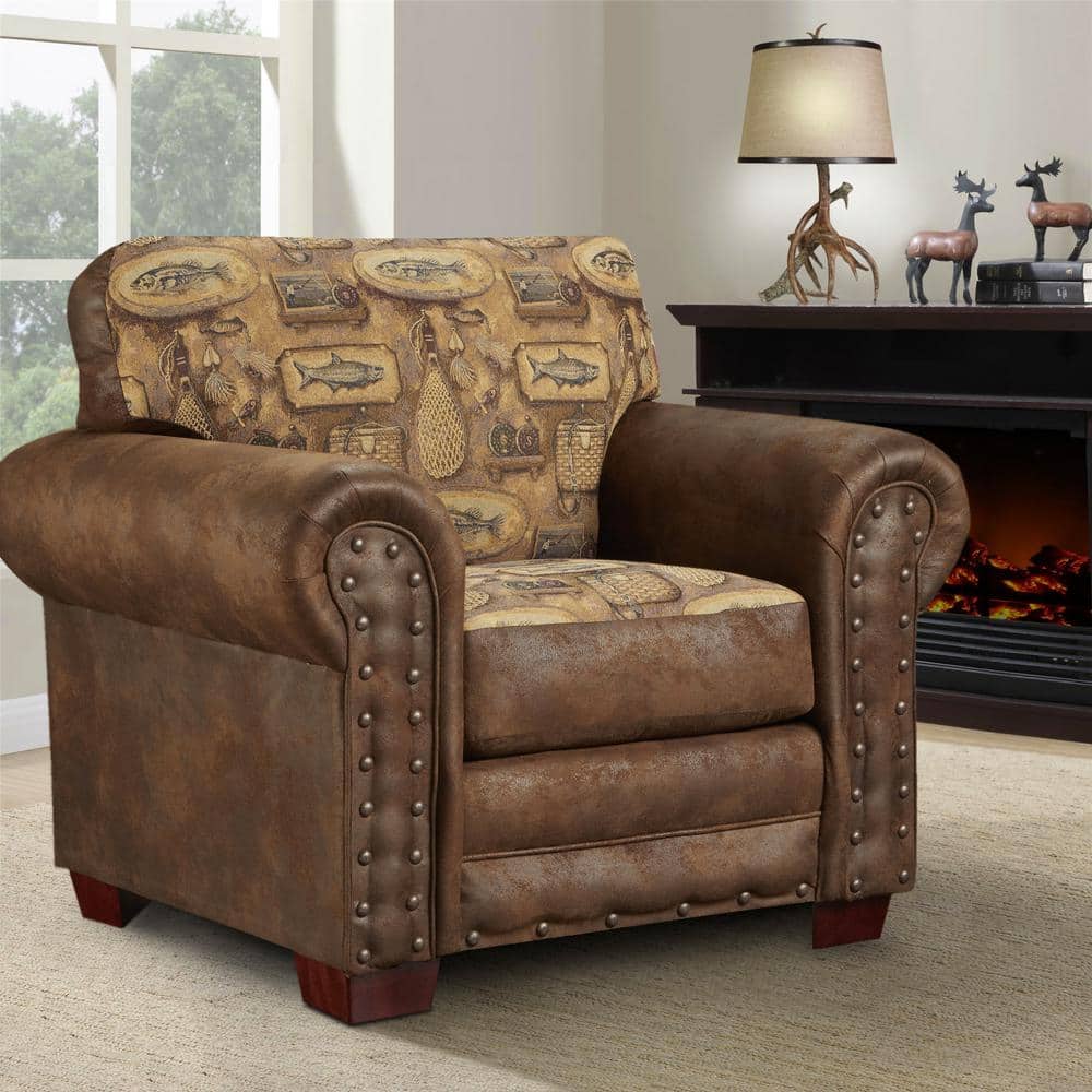 River Bend Lodge Oak Wood Accent Chair in Brown Microfiber