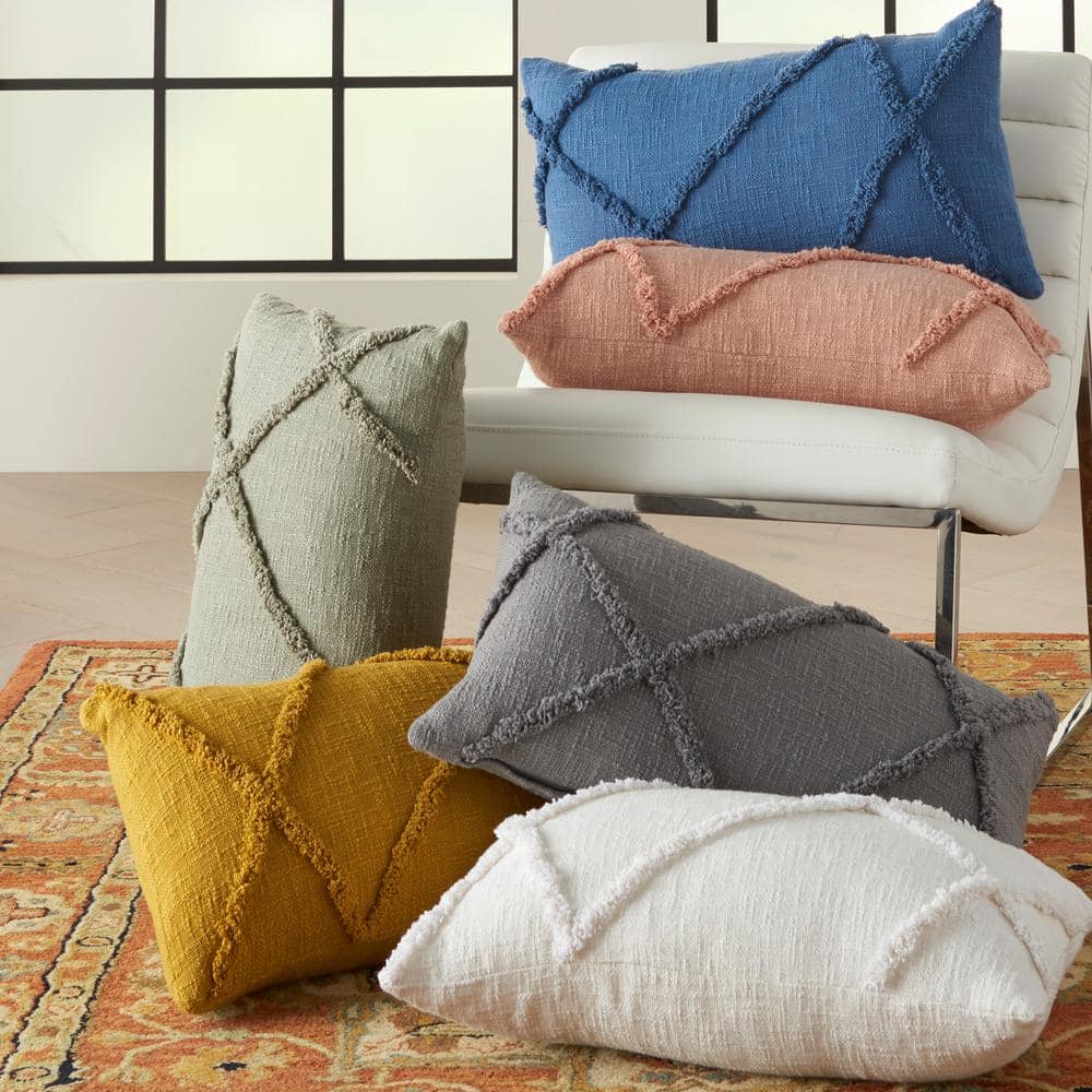 White Rectangular Embroidered Cotton Throw Pillow 14" x 24"