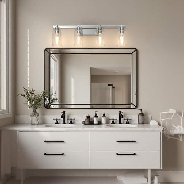 28 in. 4-Light Chrome Modern Cylinder Vanity Light for Bathroom Mirror with Clear Glass Shades
