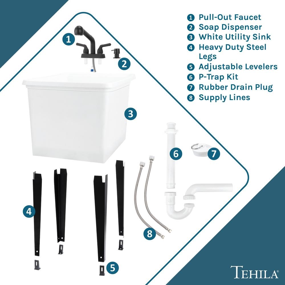 White and Black Freestanding Utility Sink with Faucet and Soap Dispenser