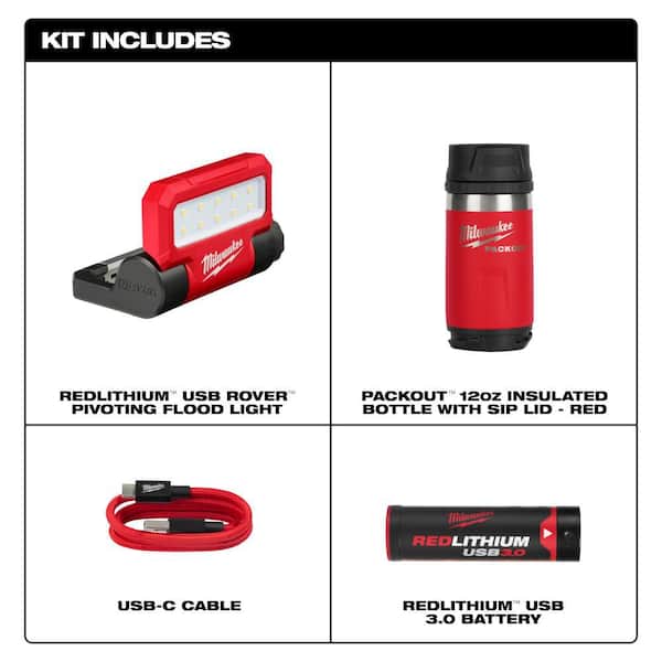 550 Lumens LED REDLITHIUM USB Pivoting Flood Light with PACKOUT Red 12 oz. Insulated Bottle with Sip Lid