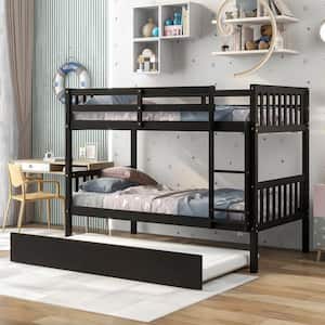 Espresso Twin Over Twin Solid Wood Bunk Bed with Trundle with Safety Rail and Ladder,Can Be converted into 2 Beds