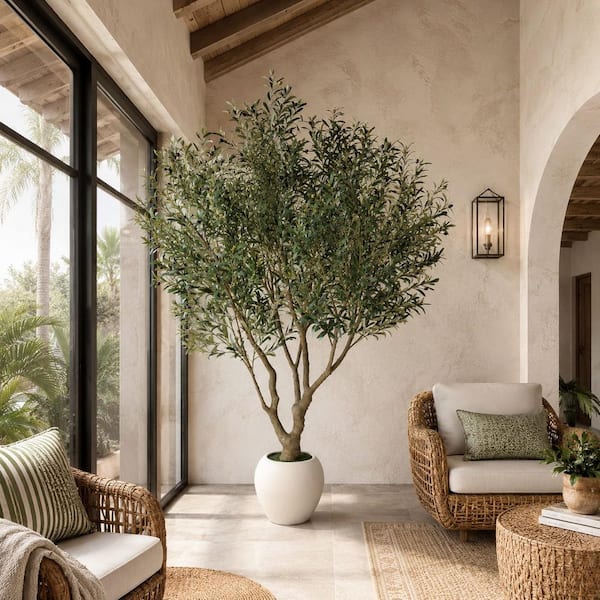 DR.Planzen 8 ft. Artificial Olive Tree with White Planter, Fake