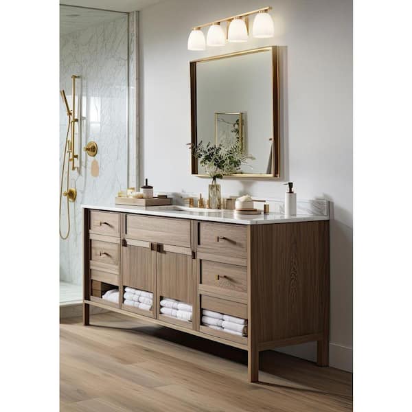 Naya 32 in. 4 Light Modern Gold Vanity Light with Matte Opal Glass Shade