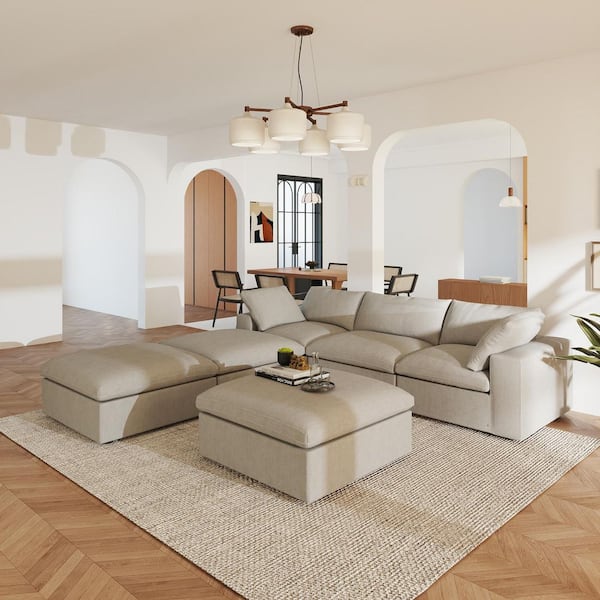 Magic Home 118 in. Square Arm 6-Piece Linen L-shaped Sectional Sofa Cloud Couch in Gray with Ottoman