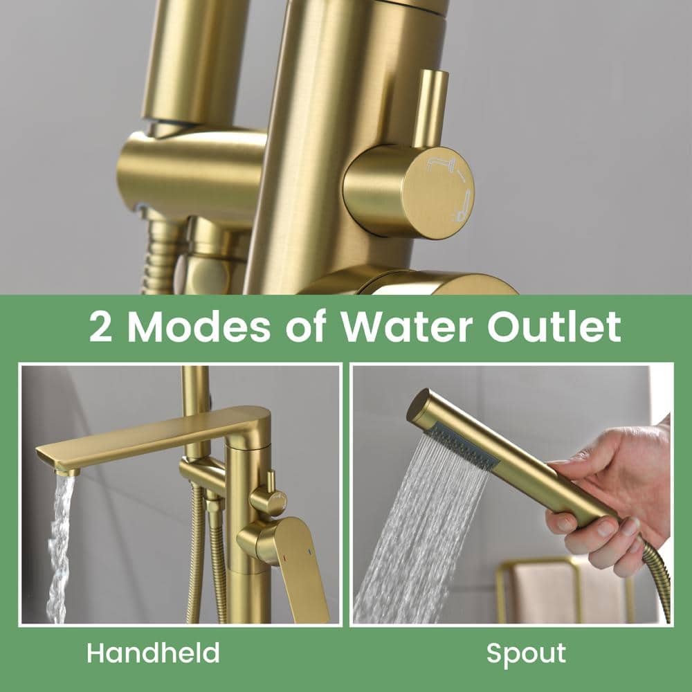 Brushed Gold Freestanding Tub Filler Faucet with Handheld Shower