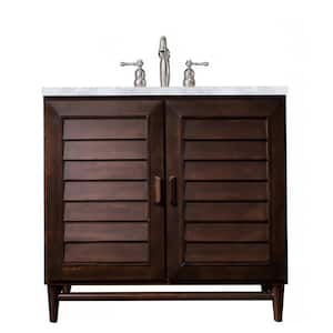 Portland 36 in.W x 23.5 in.D x 34.3 in. H Single Bath Vanity in Burnished Mahogany with Marble Top in Carrara White