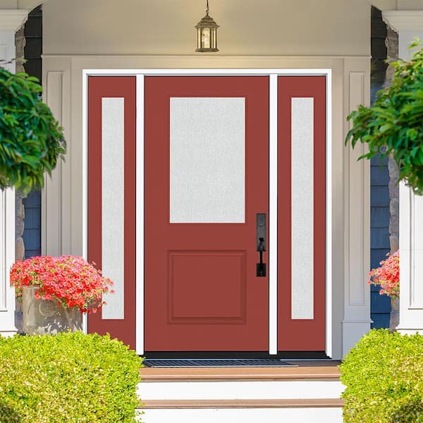 Legacy 68 in. x 80 in. 1/2 Lite Rain Glass LHIS Primed Morocco Red Finish Fiberglass Prehung Front Door w/Dbl 14 in. SL