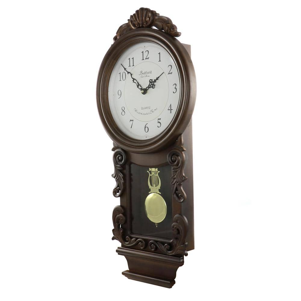 Chestnut Carved Wood Chiming Pendulum Wall Clock