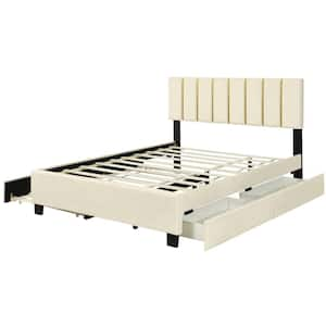 Beige Wood Frame Queen Upholstered Platform Bed with 2 Drawers and 1 Trundle