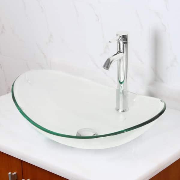 cadeninc Bathroom Tempered Clear Glass Oval Vessel Sink with Chrome Faucet and Pop-Up Drain
