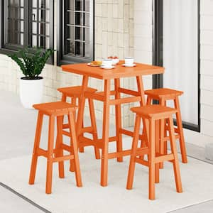 Laguna 5-Piece Fade Resistant HDPE Plastic Outdoor Patio Square Bar Height Pub Set, Matching Barstools in Orange