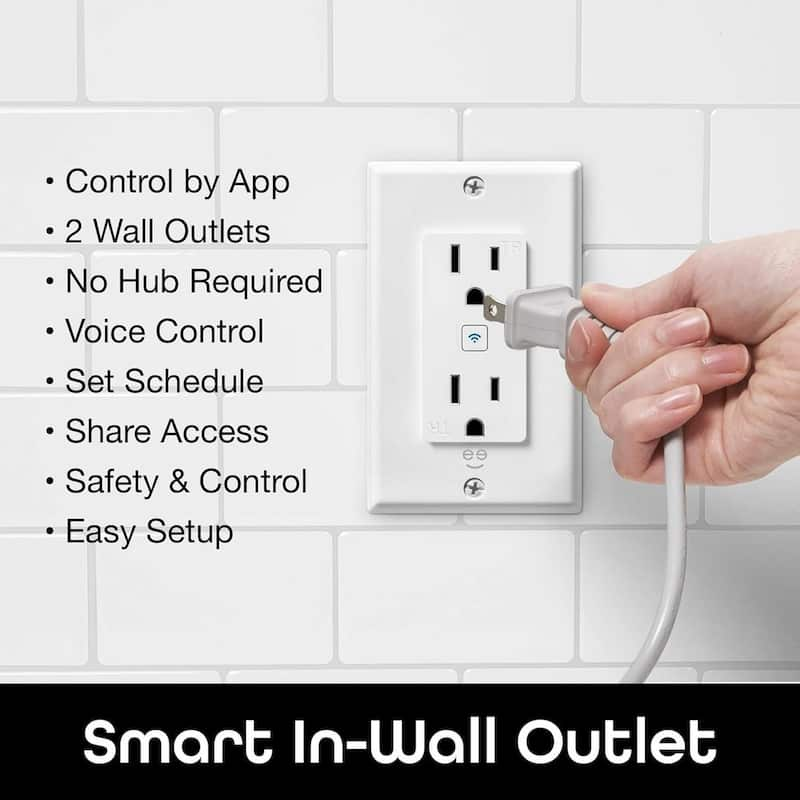 15A 120-Volt Self-Test Tamper Resistant Wifi Outlet White Color 2-Pack Wi-Fi Smart Wall Outlet with 2 Plugs Wireless App