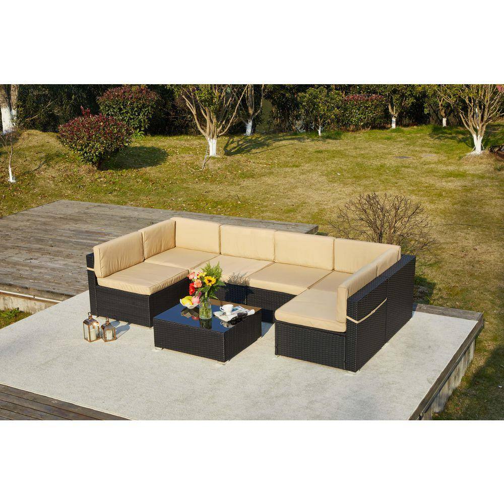 Tenleaf 7-Piece Wicker Patio Conversation Set with Khaki Cushions ...