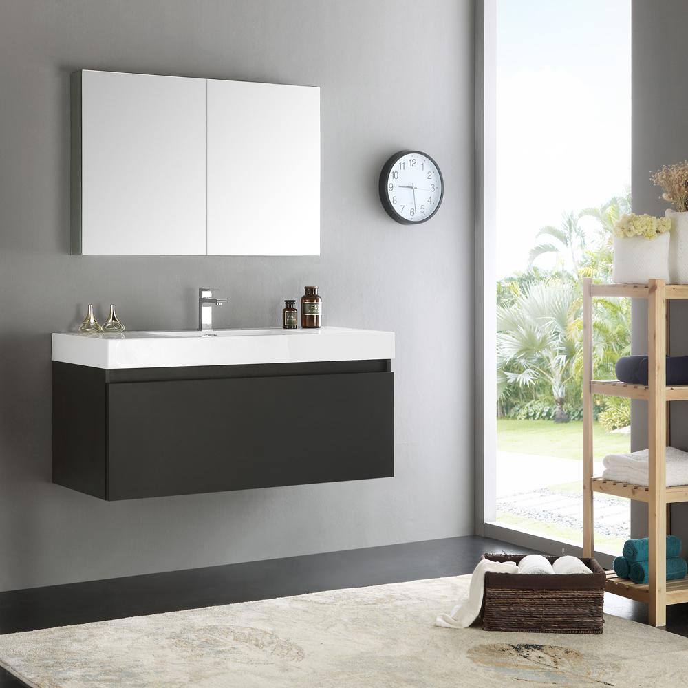 Mezzo 48" Black Wall Hung Vanity with Acrylic Sink and Medicine Cabinet