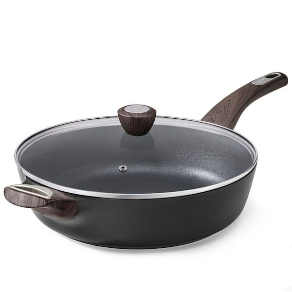 Nonstick Frying Pan Skillet with Lid 12 in. Cast Aluminum Induction Safe Deep Saute Pan Non Toxic PFOA PFOS Free