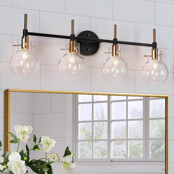 Modern Black 30 in. 4-Light DIY Bathroom Vanity Light, Transitional Brass Wall Sconce for Mirror with Globe Clear Glass