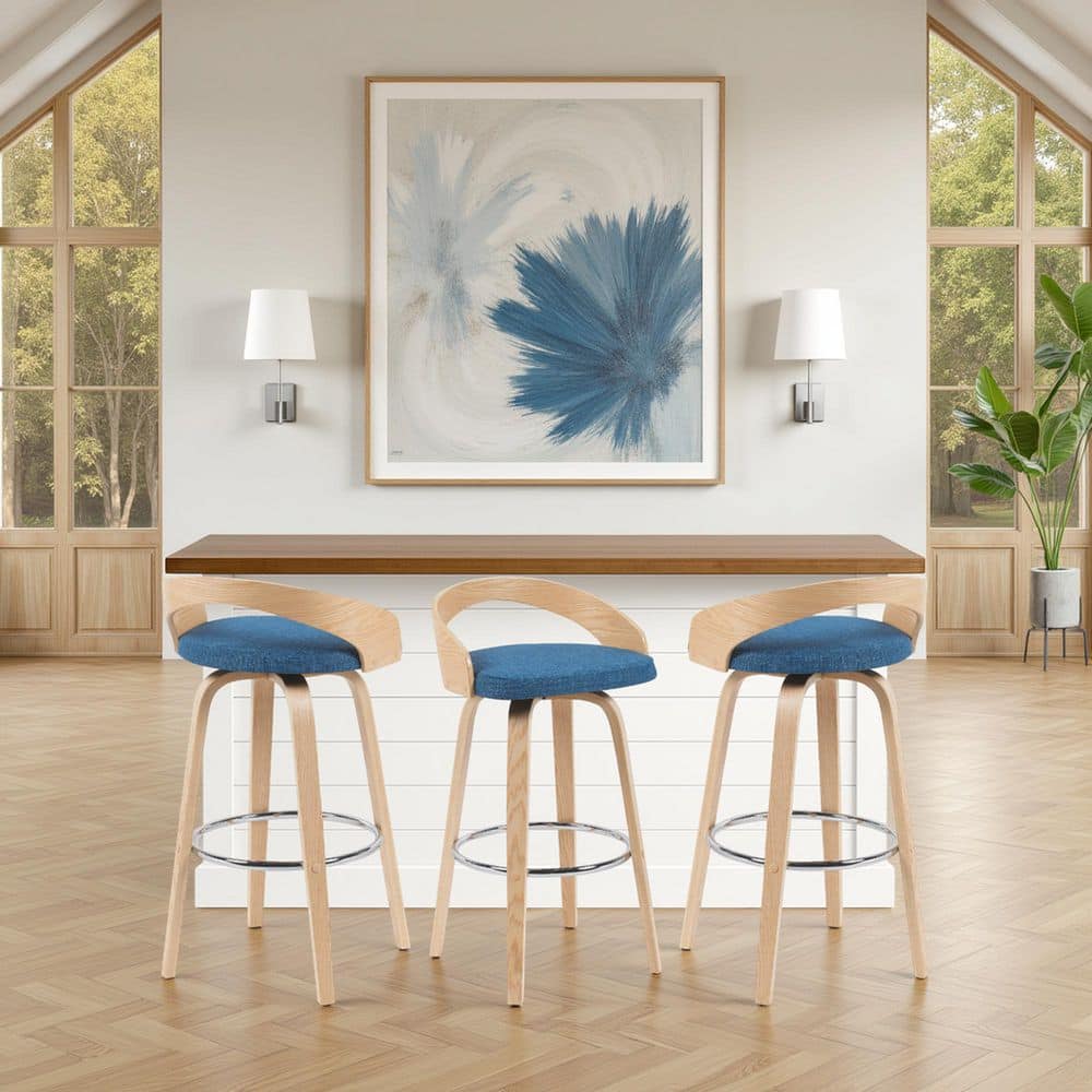 Sonia 35 in. H Blue / Oak Open Back Wood Bar Stool with Polyester Fabric Seat Set of 3 price history on PriceWatchPro