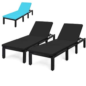 Wicker Patio Lounge Chair Chaise Recliner Adjust with Black and Turquoise Cushion (2-Pieces)