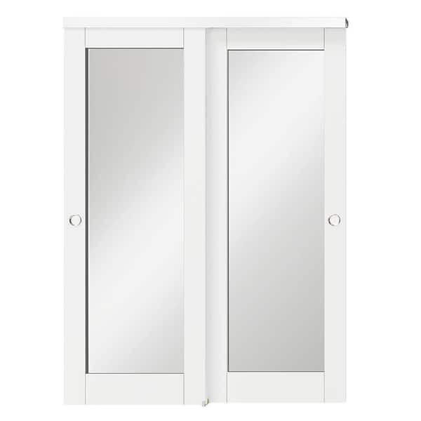 60 in. x 80 in. (Double 30 in.) MDF, Wood, White Primed 1-Lite Mirrored Glass 2-Sided Interior Door with Bypass Hardware