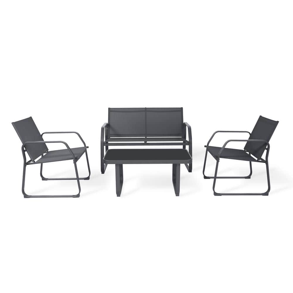 Dark Gray Steel Pipe 4-Piece Metal Patio Conversation Set with 2-seater Sof