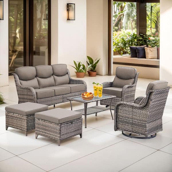 New Vorath Gray 6-Piece Wicker Outdoor Patio Conversation Seating Set with Gray Cushions