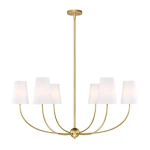 Shannon 42 in. 6 Light Rubbed Brass Shaded Chandelier Light with White Glass Shade with No Bulbs Included