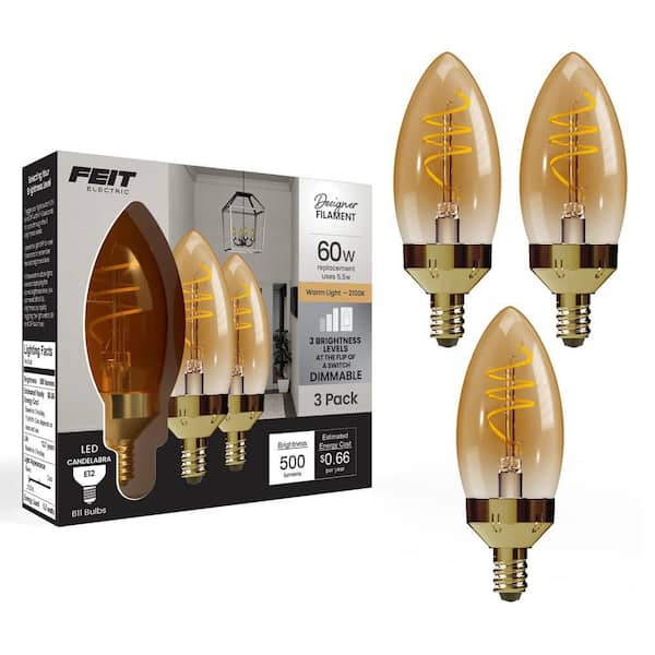 60W Equivalent B11 E12 3-Dimmable Spiral Filament Amber Glass Chandelier Candle LED Light Bulb Warm White 2100K (3-Pack)