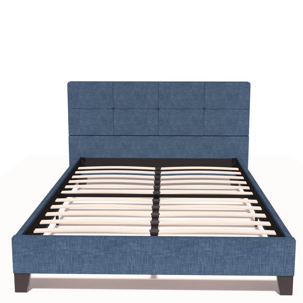 Bed Square Blue W Headboard Depot Linen Stitched Upholstered LKL-428-B3 59.84 Frame Platform The - Home Fabric in. Tufted Full with Dark Iron